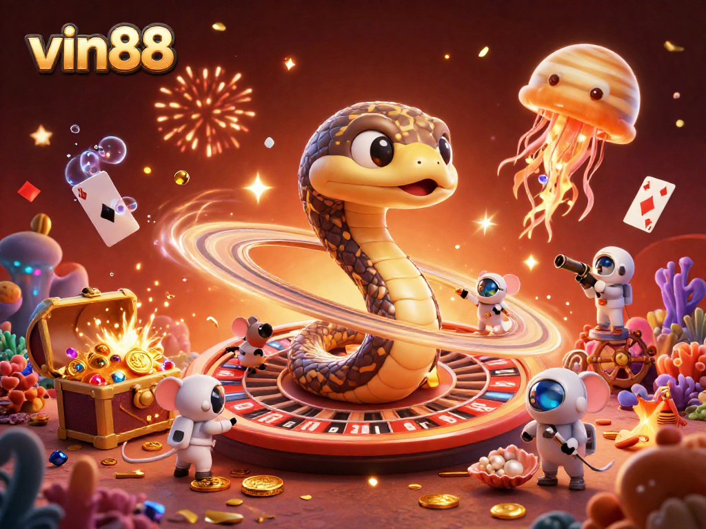 Experience the thrilling bets at vin88 with cosmic elements in this vibrant casino-themed illustration.