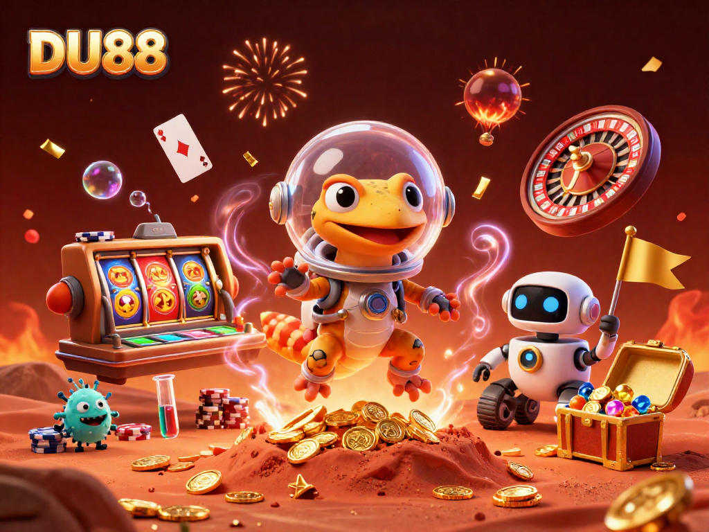 Uncover DU88's gaming treasures in this vibrant Martian casino adventure illustration.