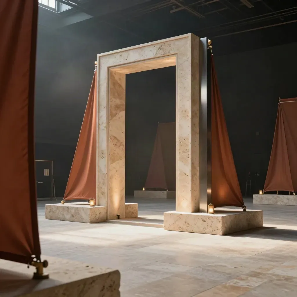 Zona sponsor premium con portale luminoso, plinti in travertino e vele in tessuto terracotta.