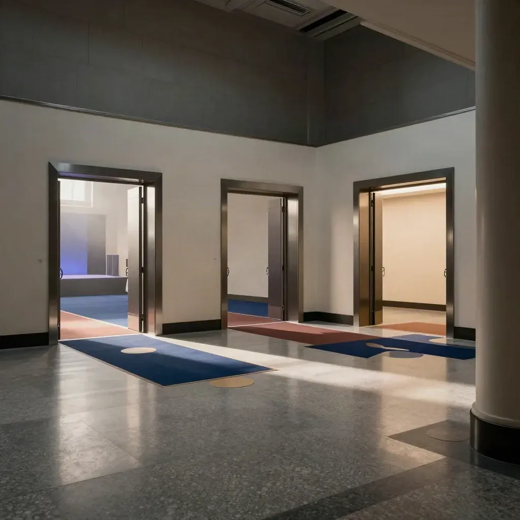 Foyer vuoto di un expo con tre ingressi illuminati e segnaletica a terra colorata.