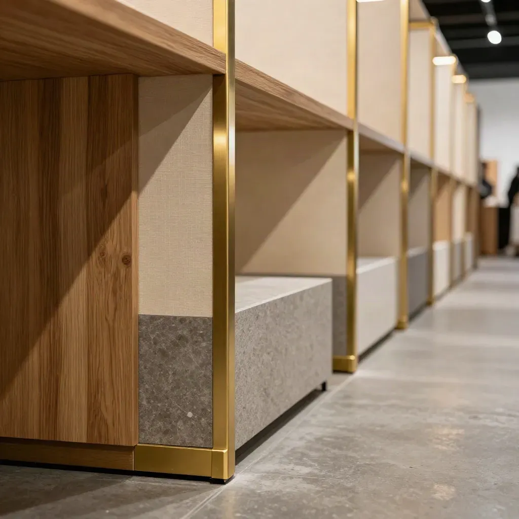 Fila di stand espositivi finiti in un corridoio fieristico, con dettagli caldi e materiali eleganti.