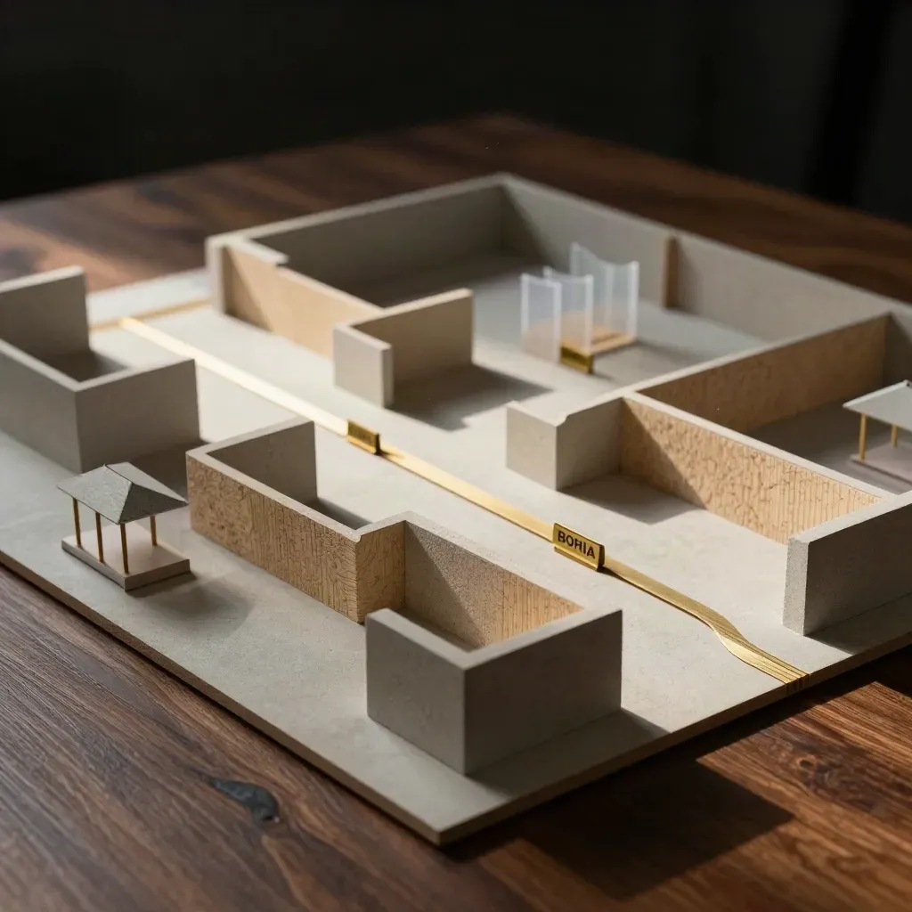 Modello 3D delle mappe stand su tavolo scuro, con percorsi, blocchi e marker dorati.