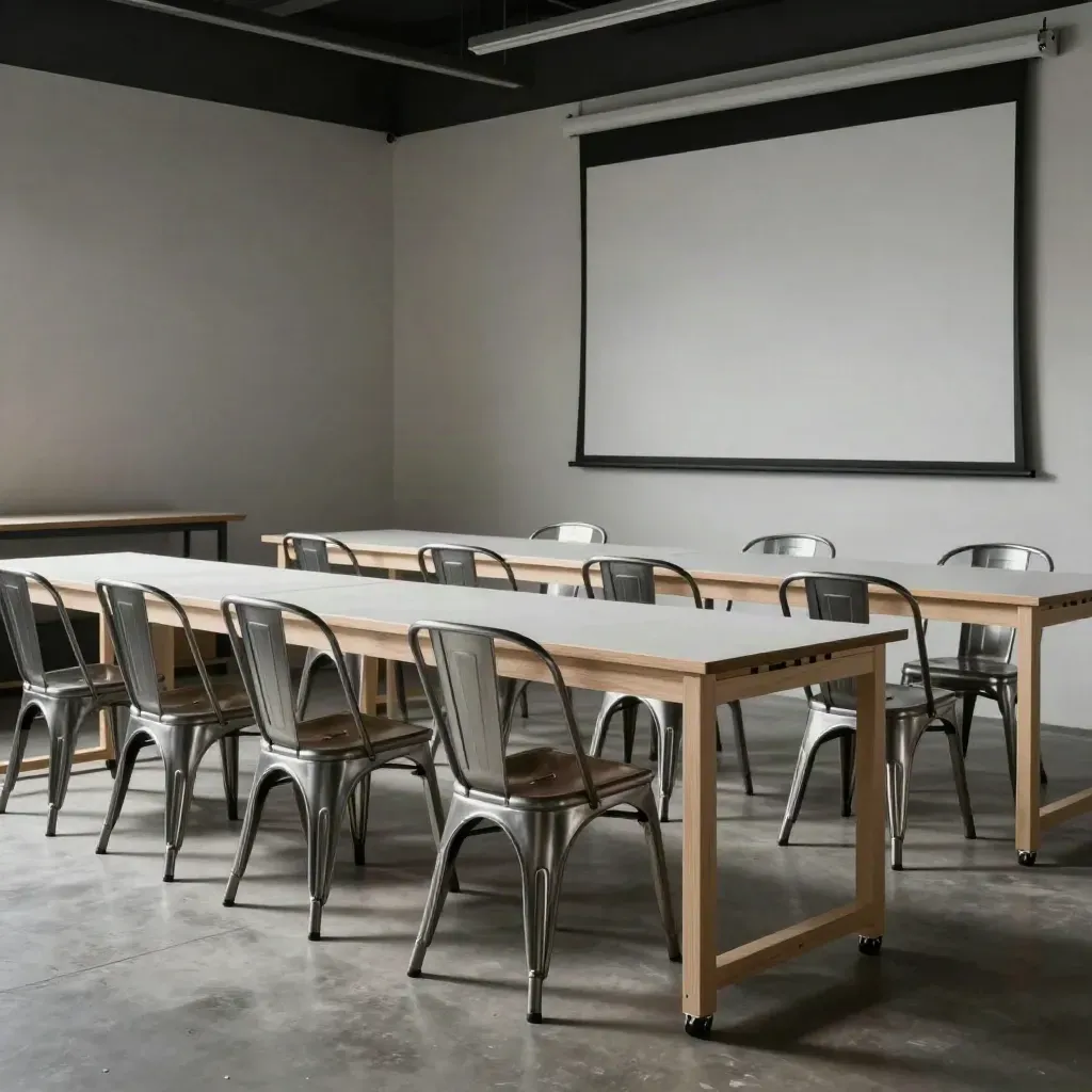 Aula workshop vuota con sedie impilate, tavoli modulari e schermo bianco acceso.