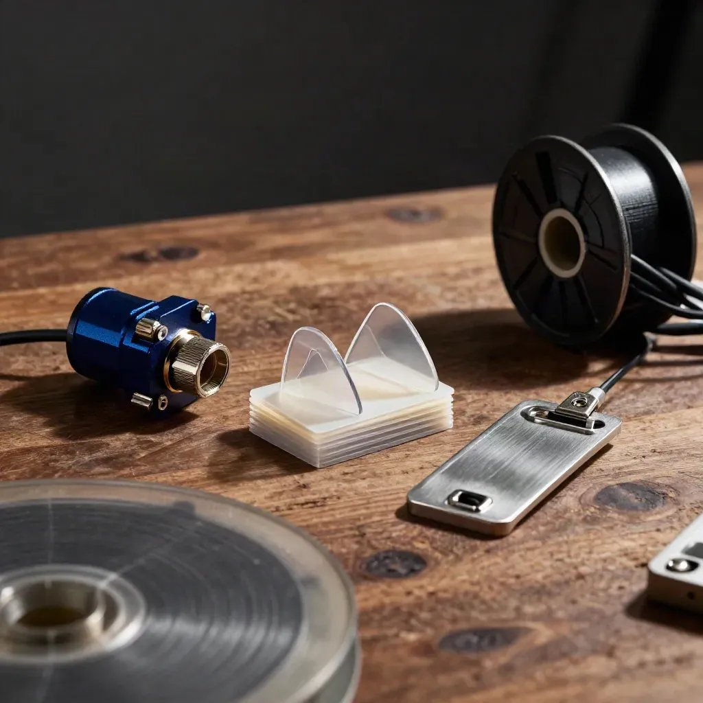 Kit espositore con connettori, badge reel e fermacartelli su banco in legno scuro.