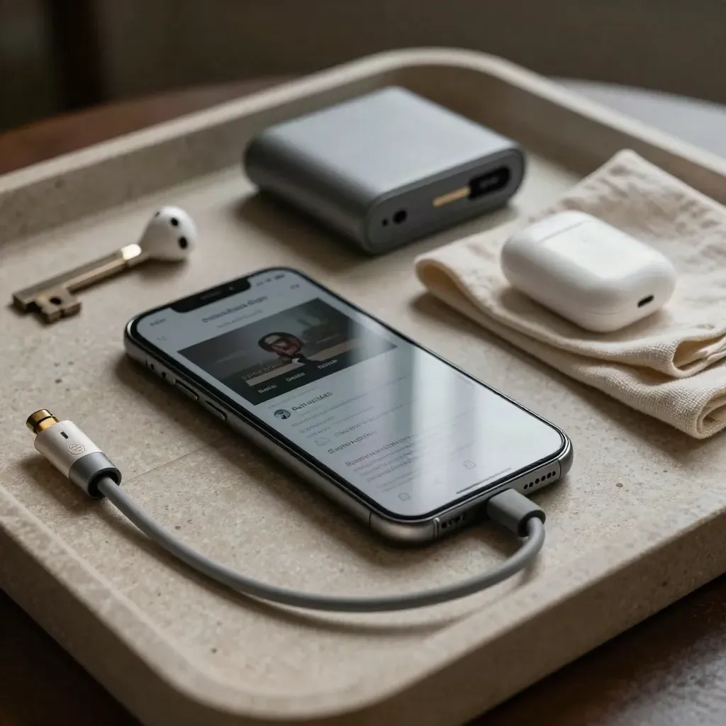 Smartphone, power bank, etichetta bagaglio e auricolari su vassoio in pietra.