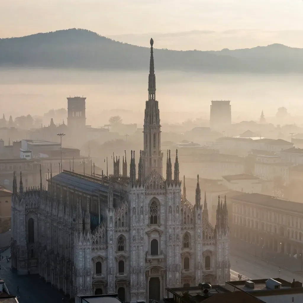 Duomo di Milano all’alba tra la nebbia, skyline alto e basso piano calmo per il testo.