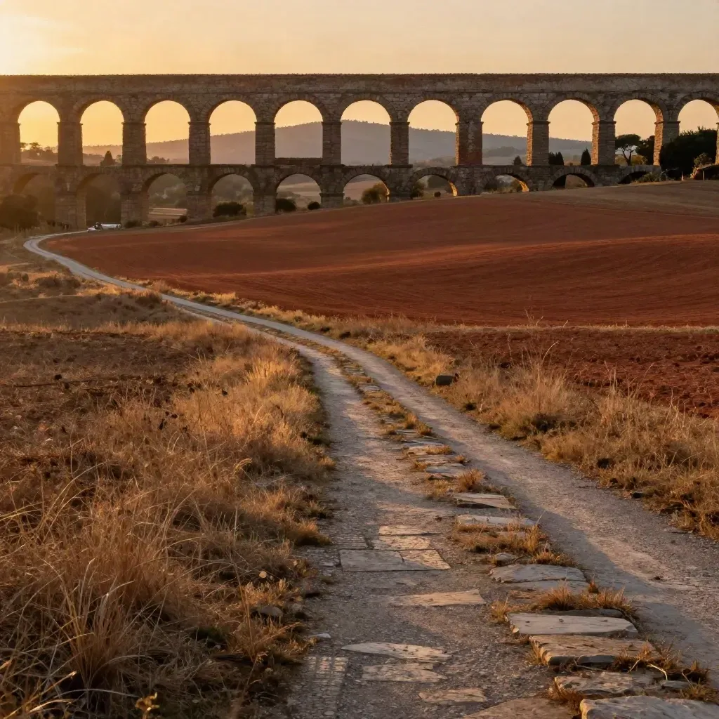 Archi dell’acquedotto romano nel Lazio al tramonto sopra campi terracotta