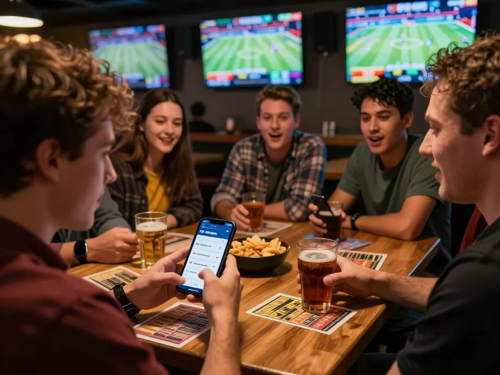 Excited players engaging in sports betting with the vipwin app at a lively bar scene