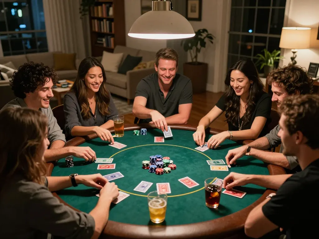 Friends playing poker at home during u888 game night with chips and cards in action.