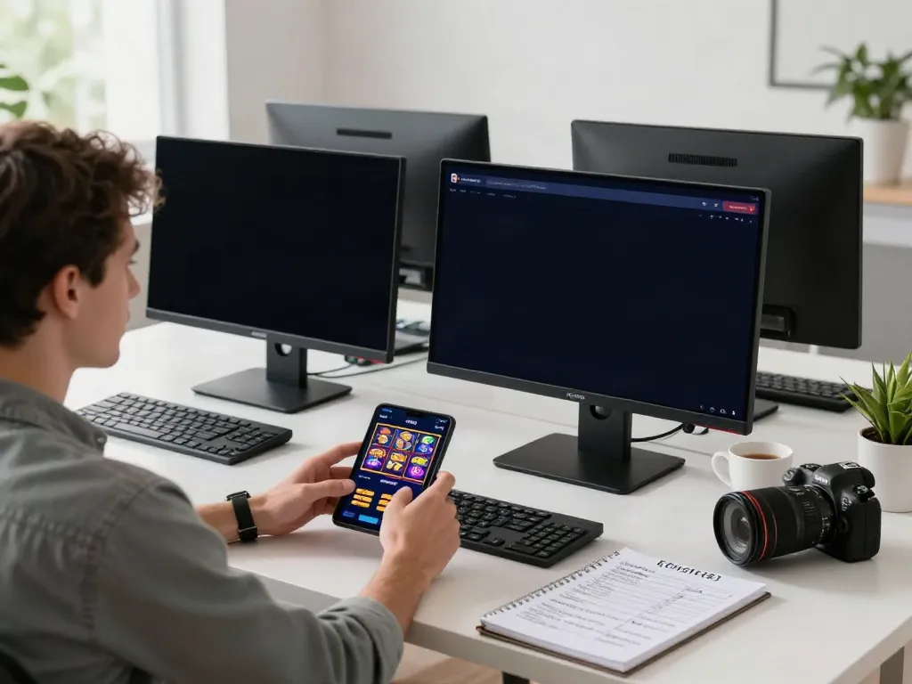 Engaged user exploring rokok88 slot on multiple devices in a modern workspace