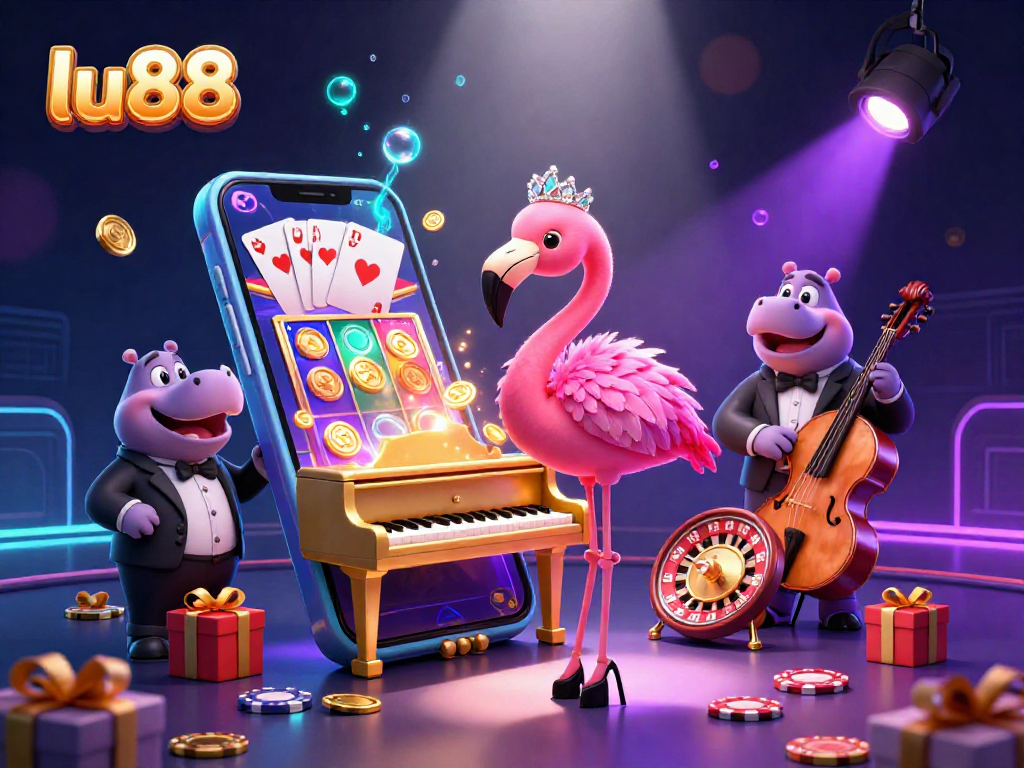 lu88 offers vibrant casino adventure with flamingo singer and hippo bassist in a colorful gaming scene.