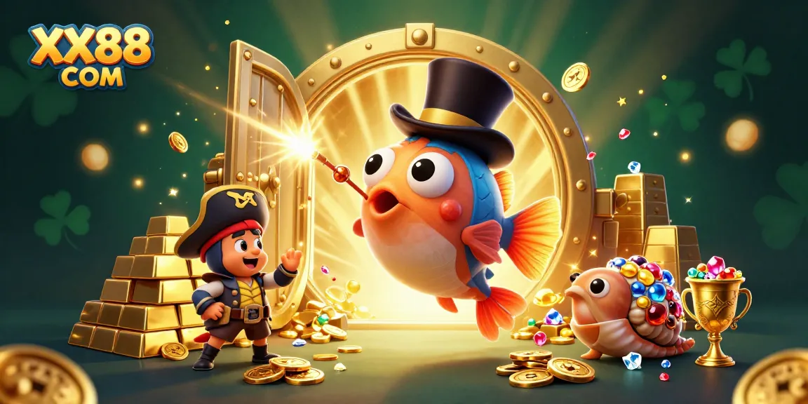 Winning treasures at XX88 COM featuring anglerfish, shrimp, and sea snail in a lively casino setting.
