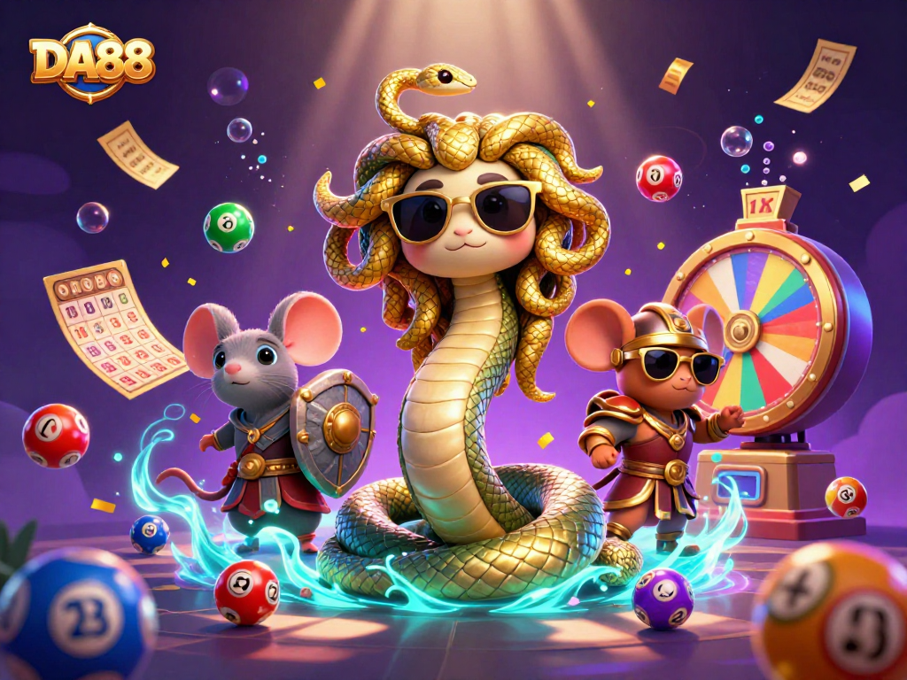 Engage with DA88's exciting lottery scene featuring Medusa and a warrior mouse amidst colorful lottery elements.