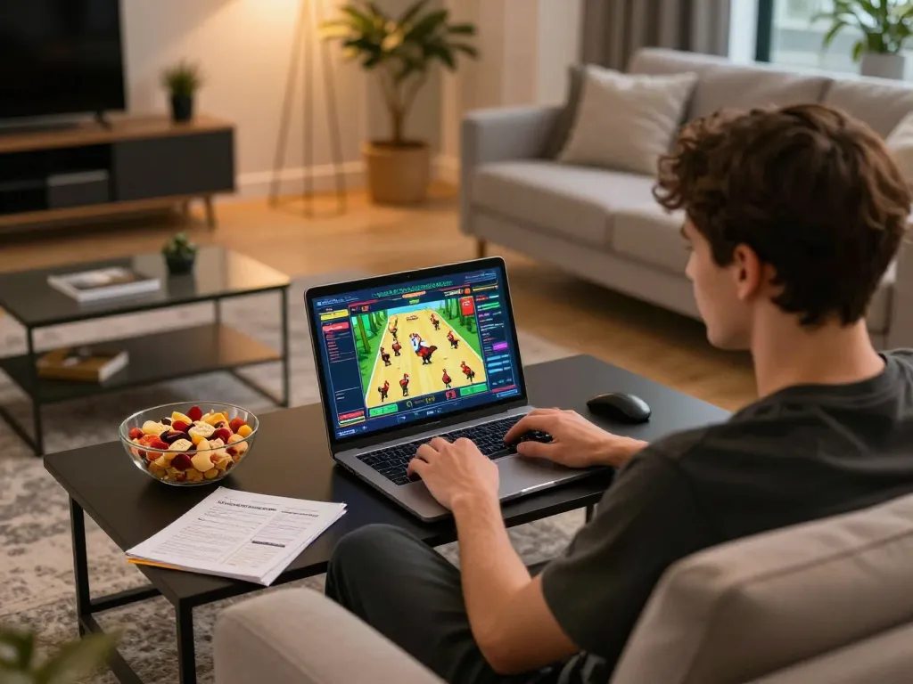 Giocatore che si diverte con chicken road recensioni a casa, nel casinò online su laptop, gameplay coinvolgente e strategico