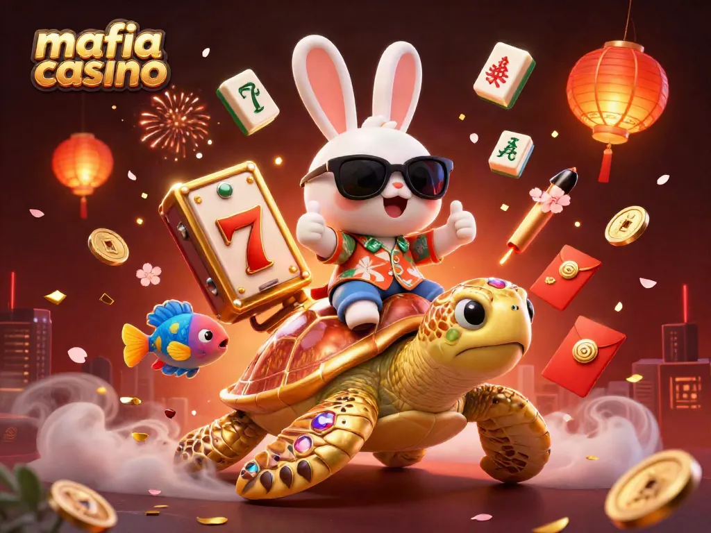 Mafia casinò gaming scene with lucky rabbit and golden turtle, vibrant casino elements, and festive details