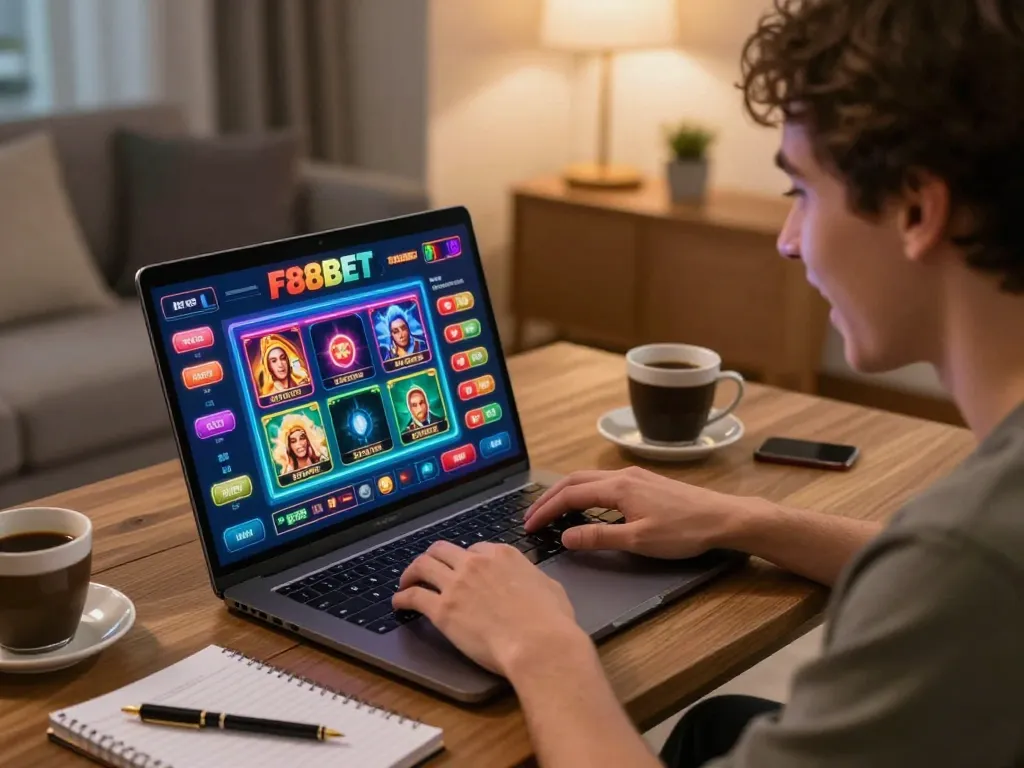 Engaged player enjoying F88BET online casino experience with dynamic gameplay on laptop.