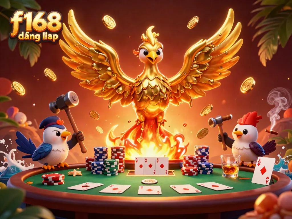 Experience thrilling moments at f168 đăng nhập with a golden phoenix surrounded by poker elements.