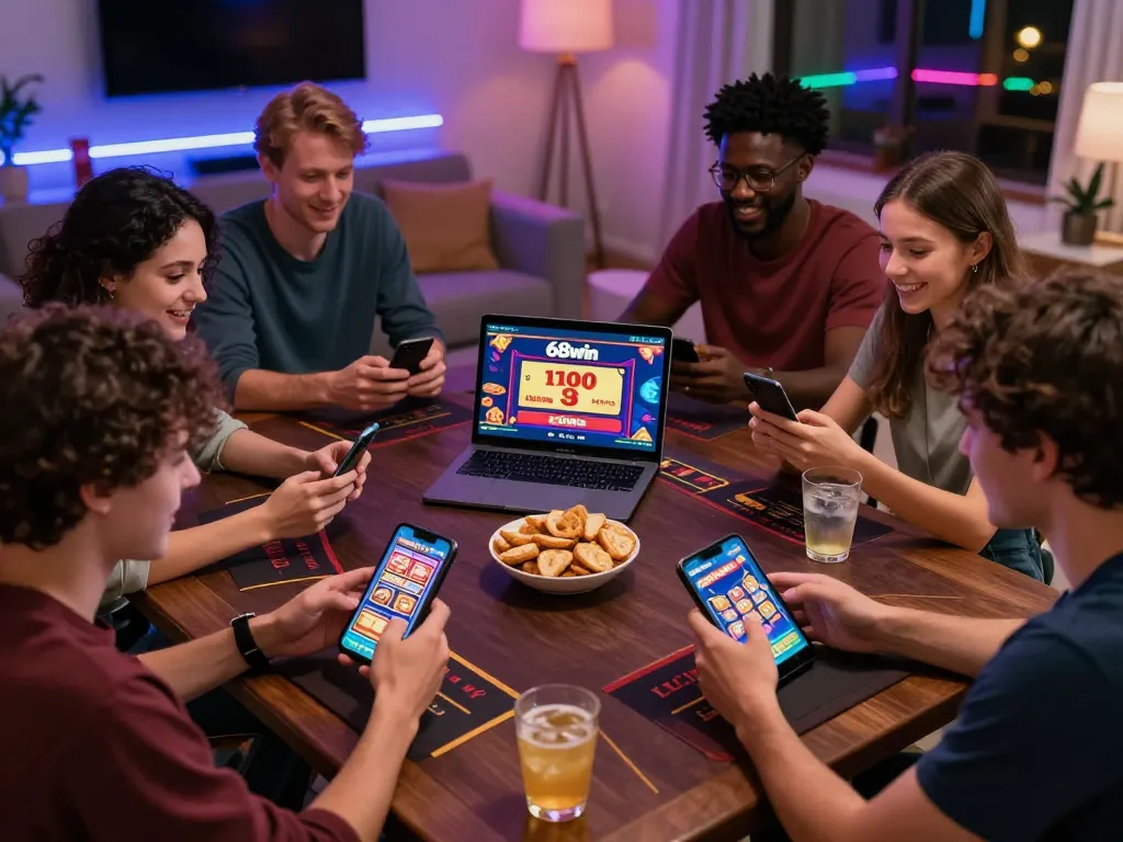 Friends enjoying online gaming on 68win with tablets and laptops in a cozy setting