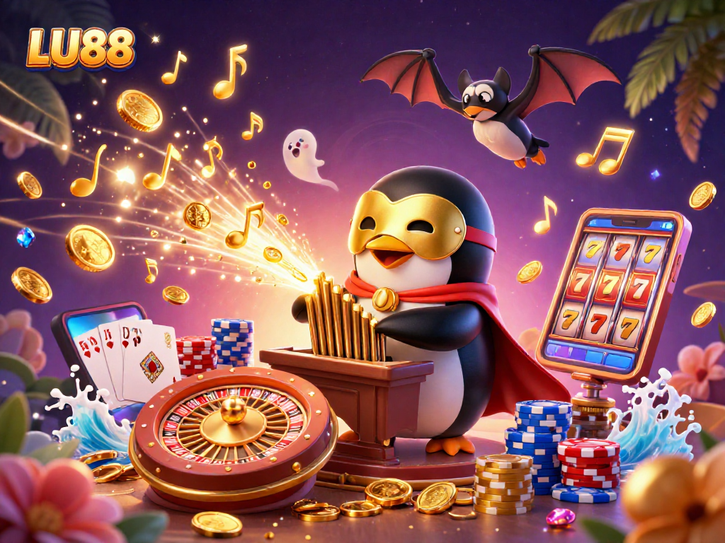 Engage in thrilling gameplay with LU88; a vibrant scene featuring roulette, poker, and whimsical elements.