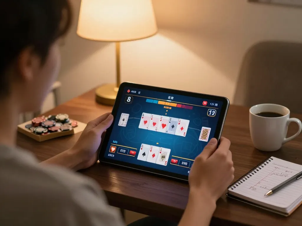 Engaged player enjoying 789betviet poker game on a tablet in a cozy living room.