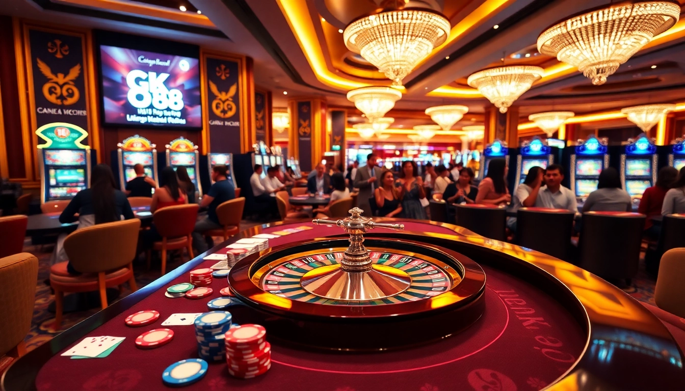Experience thrilling gameplay at GK 88 casino tables featuring vibrant poker chips and roulette wheels.