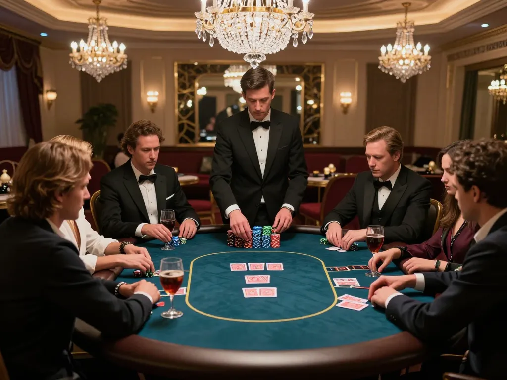 High-stakes poker game at a VIP table showcasing 388bet gameplay in a luxurious casino.