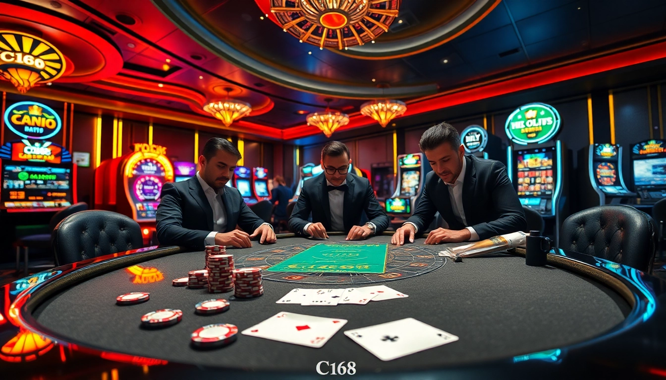 Excitement at nhà cái C168 with luxurious poker tables and vibrant gaming atmosphere
