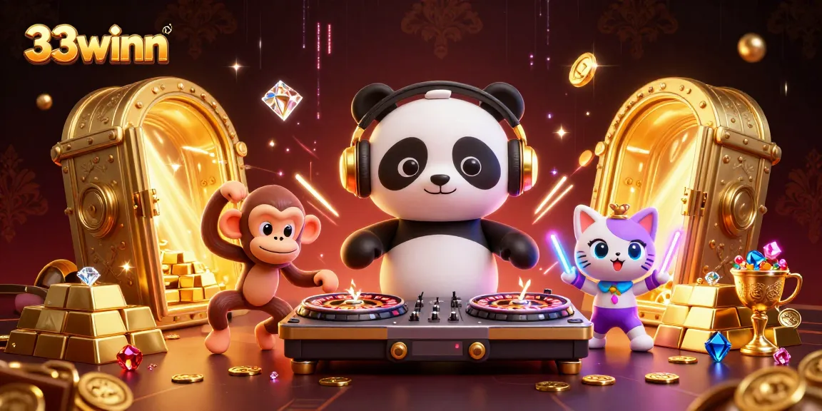 33winn showcases a vibrant 3D scene with a DJ panda, dancing monkey, and rave kitten in a casino atmosphere.