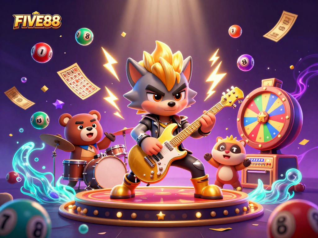 Experience the excitement at FIVE88 with a cartoon rock star wolf performing at a lively casino.