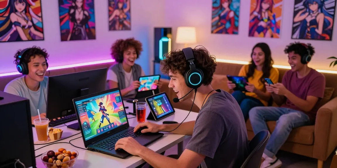 Friends playing free hentai games together in a vibrant gaming room, showcasing interactive and immersive gameplay.