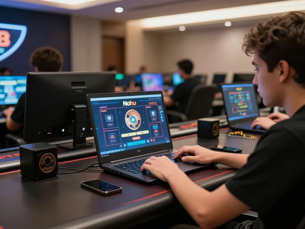 Nohu game interaction on a laptop in a modern home casino setup.