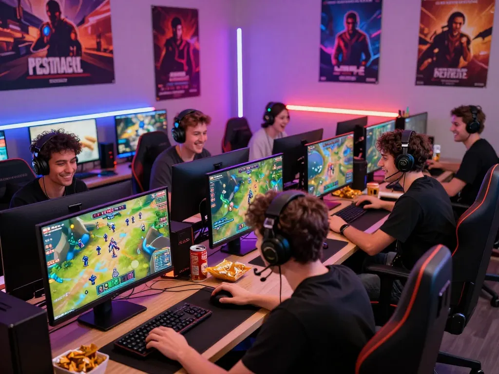 Engaged gamers enjoying various games at https://go999.de.com, surrounded by vibrant lighting and gaming posters.
