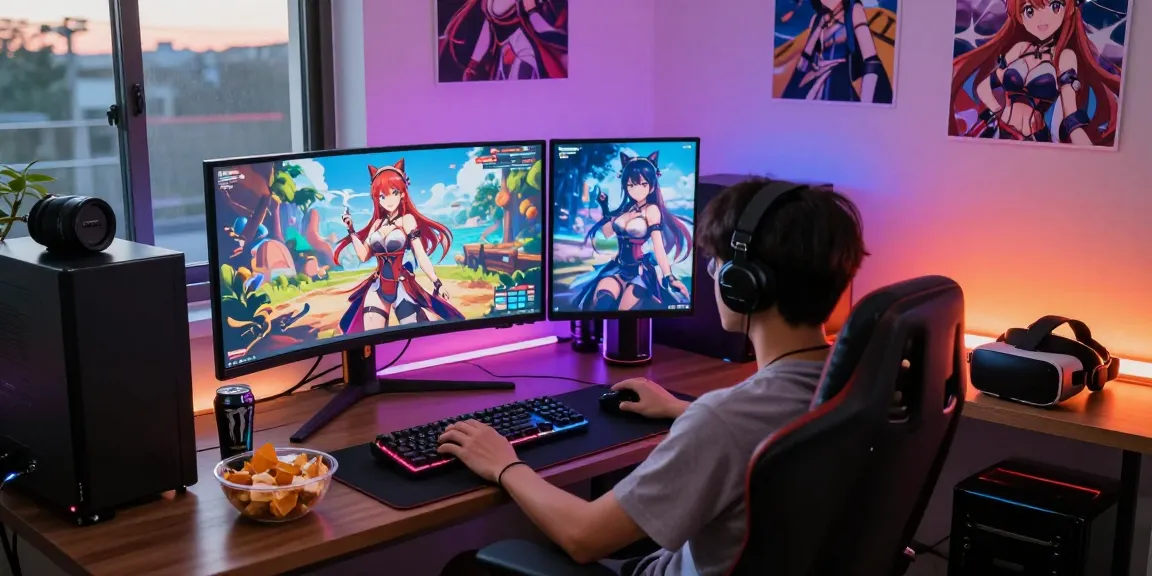 Engaged gamer playing a hentai game in a vibrant digital studio.
