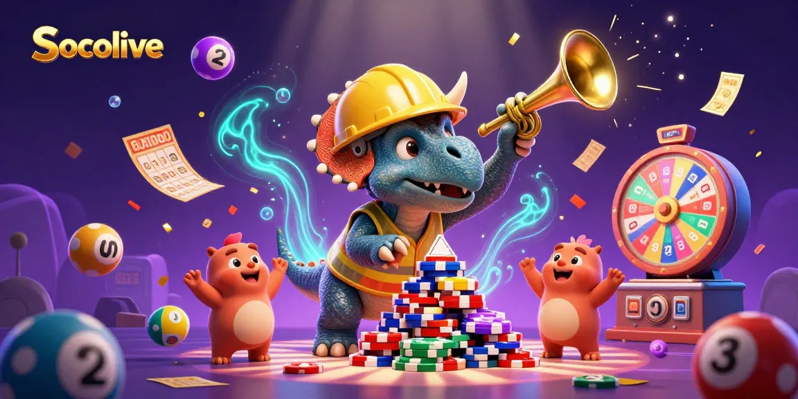 Socolive showcases a lively scene of a triceratops building poker chip pyramids amidst lottery excitement.