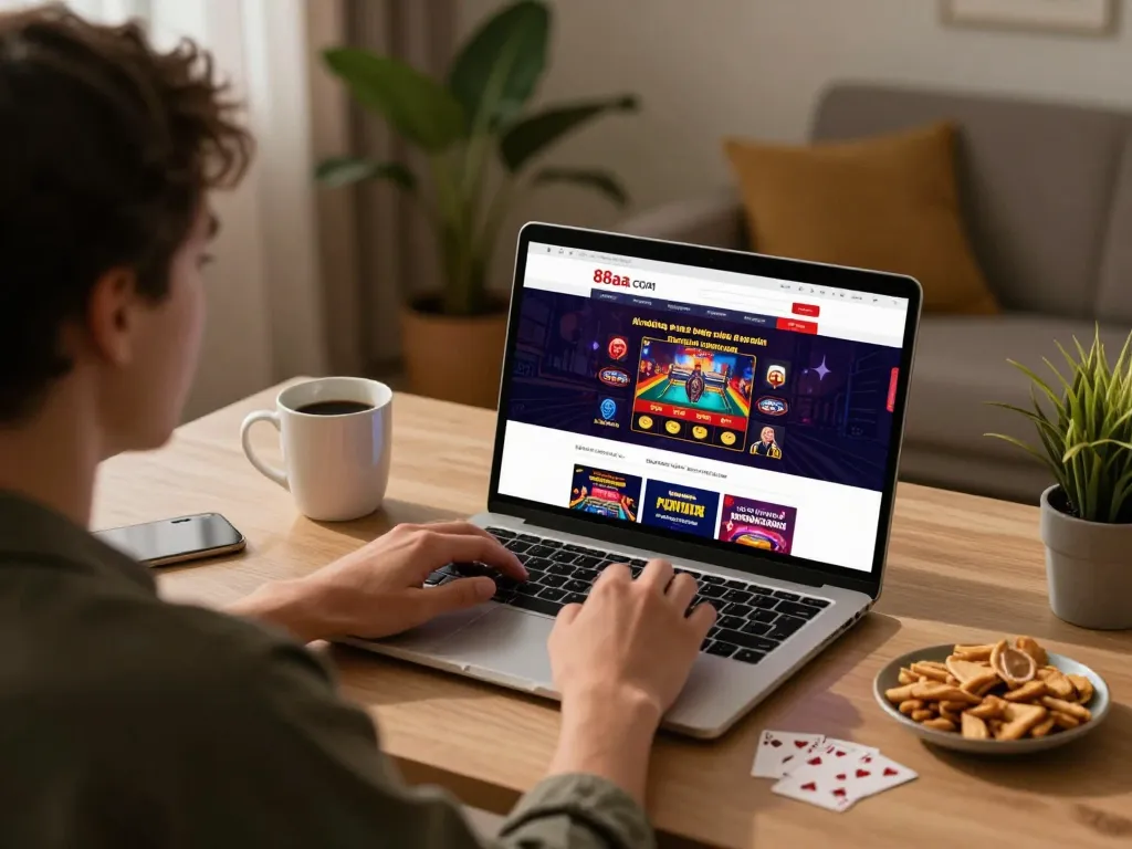 Engaging with 88aa com on laptop for online gaming, cozy home setup enhancing gambling experience.