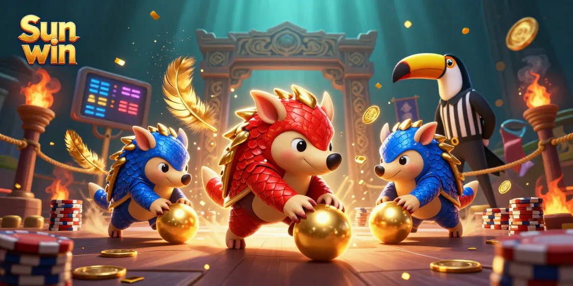 Engage in thrilling gameplay with Sun win as rival pangolins spar in a colorful casino setting.