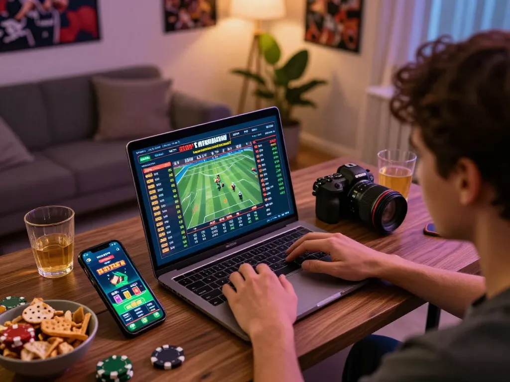 nk88 engaging in live sports betting at home with laptops and smartphones, capturing the thrill of strategic gambling.