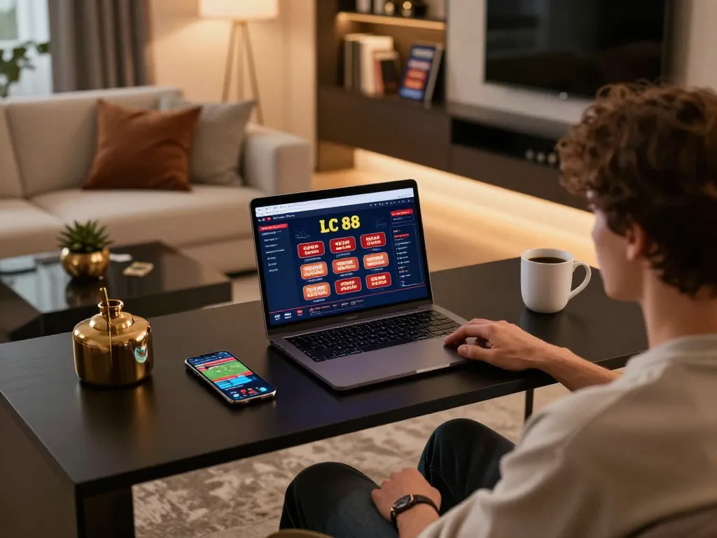 Engaging online gameplay at LC 88 casino with stylish home setup and casino interface on laptop