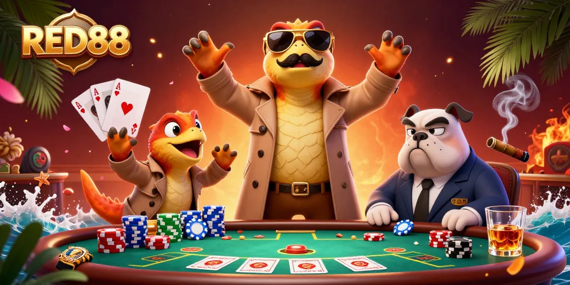 Experience thrilling gameplay at RED88's VIP lounge, where 3D raptors try their luck at poker.