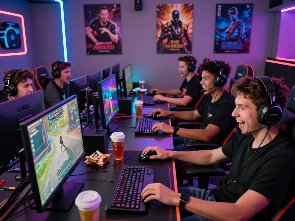 Players enjoying thrilling mind control porn games in a vibrant gaming lounge.