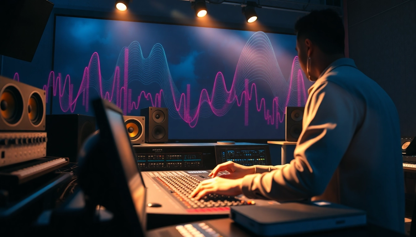 Engaging professional in online audio mastering at a high-tech mixing desk.