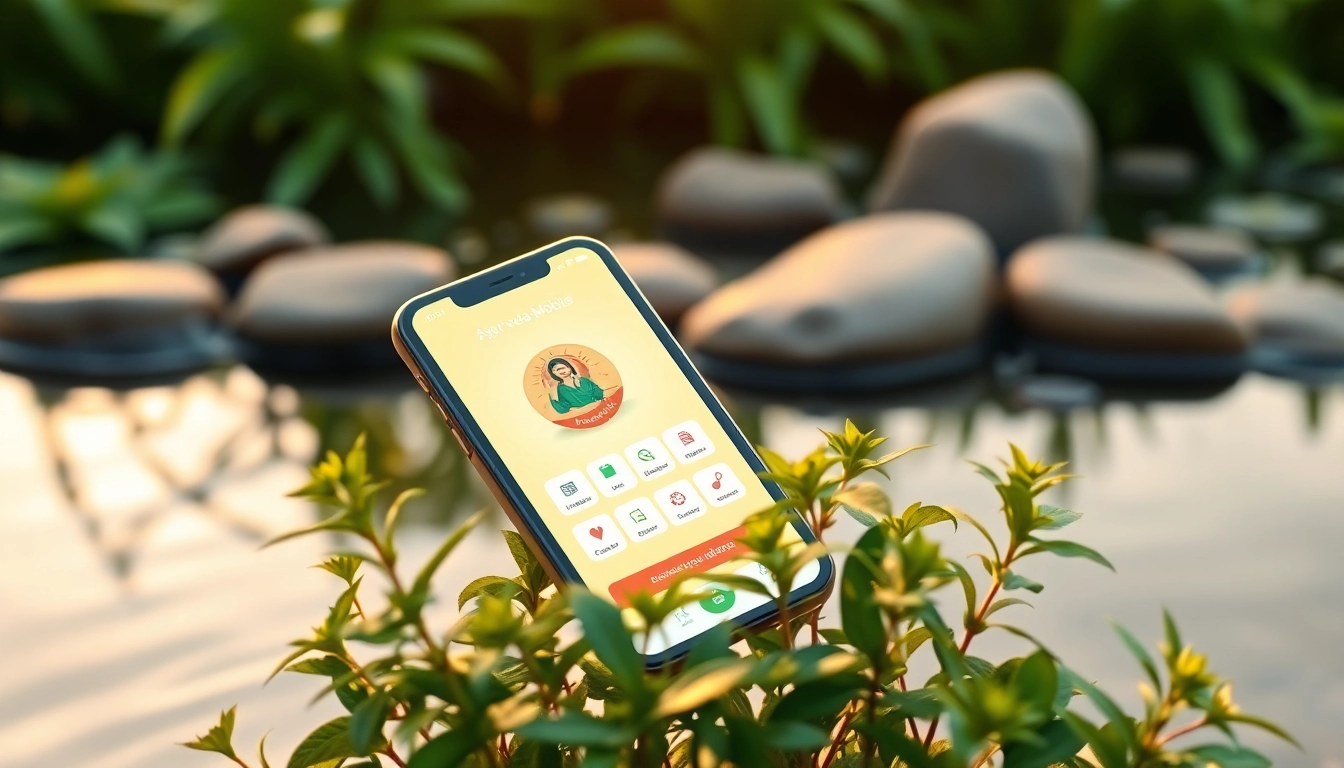 Discover the Ayurveda Mobile App, displayed on a serene background of herbal plants and calming water.