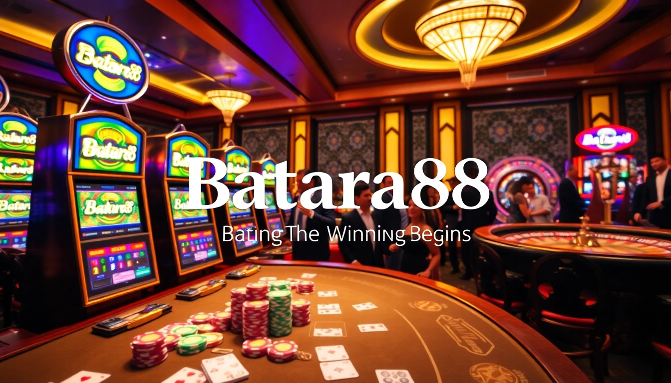 Exciting gaming scene at Batara88 Casino with vibrant slot machines and poker action.