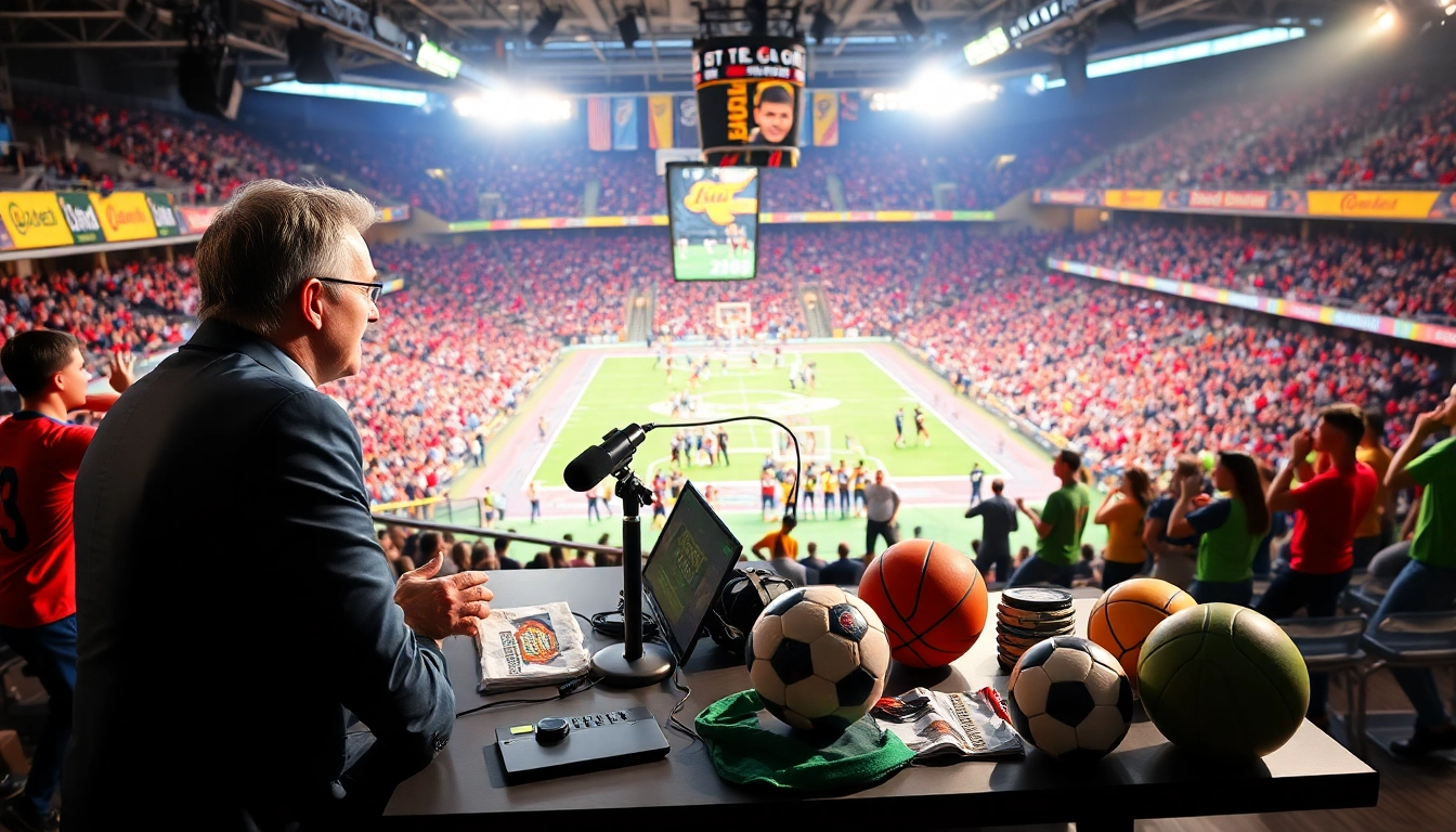 Engaging sports broadcasting scene showcasing a host in front of a lively crowd during a game.
