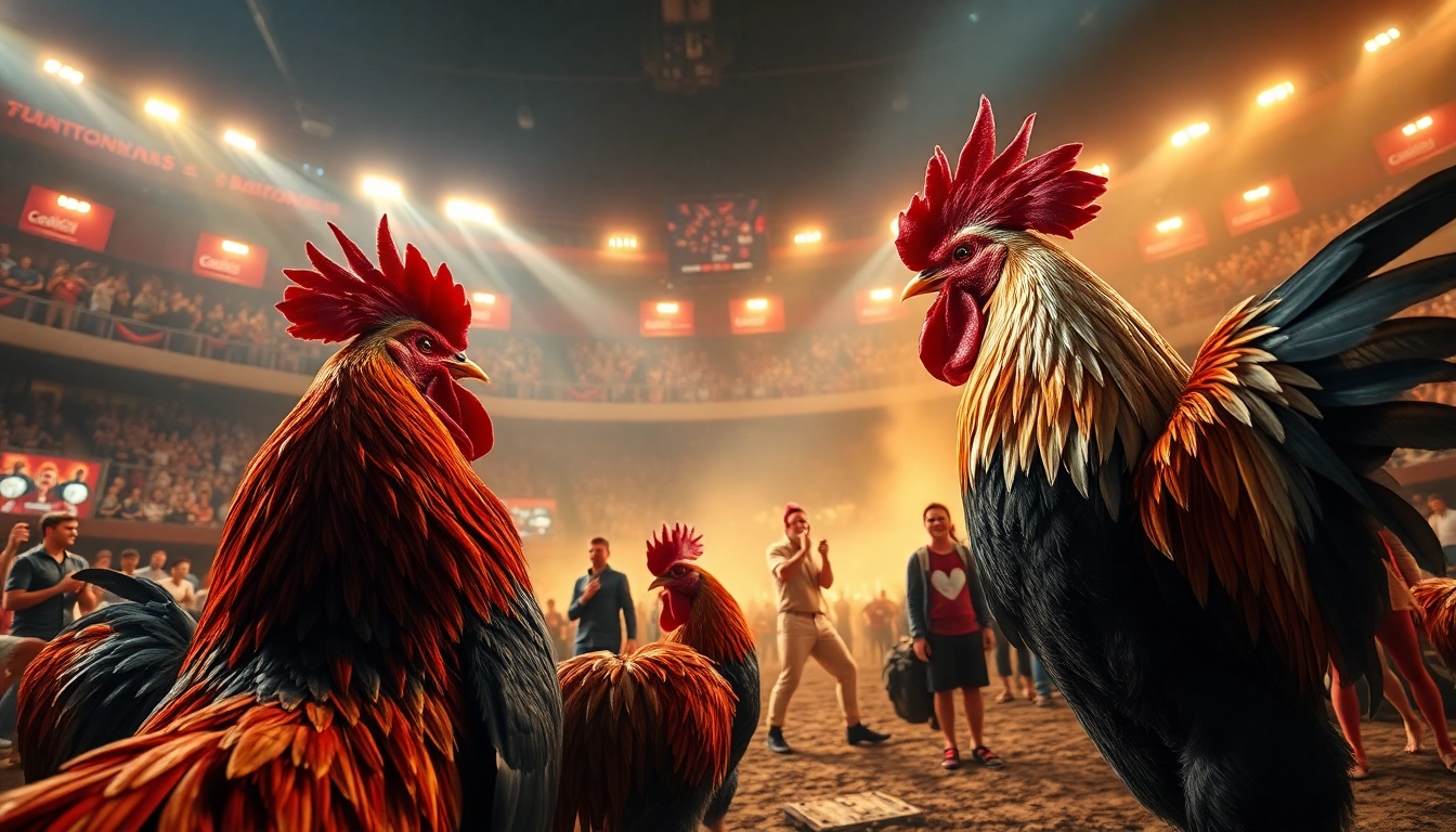 Exciting scene from sabong67.ac featuring vibrant cockfighting with enthusiastic spectators and detailed roosters.