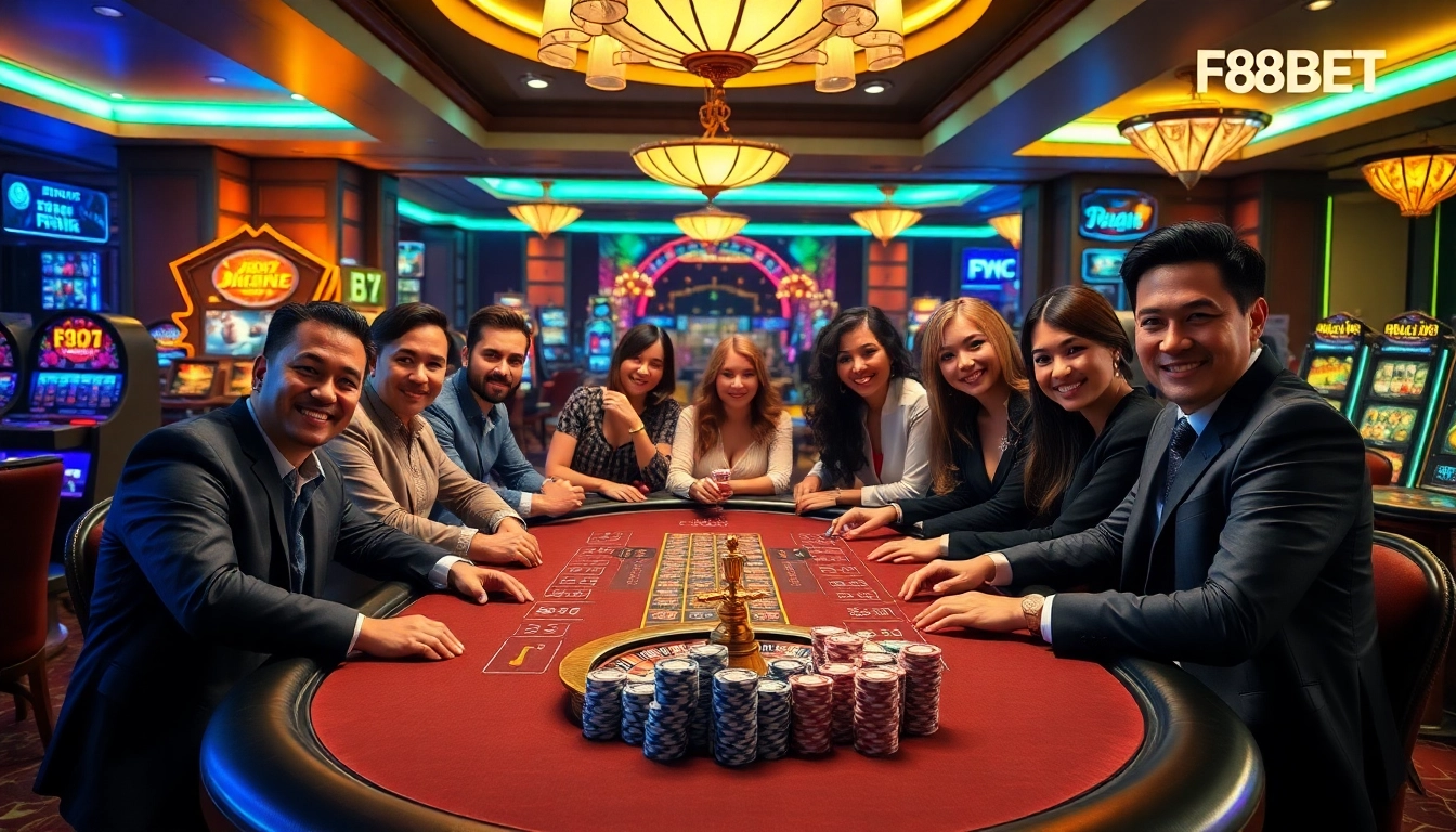 Join the excitement of Đăng Ký F8BET at a luxurious casino table with poker chips and roulette wheels.