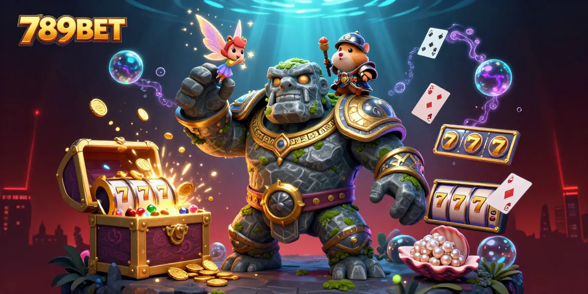 Experience thrilling gameplay at 789BET with golem guardian and sparkling treasures in a rich casino scene.