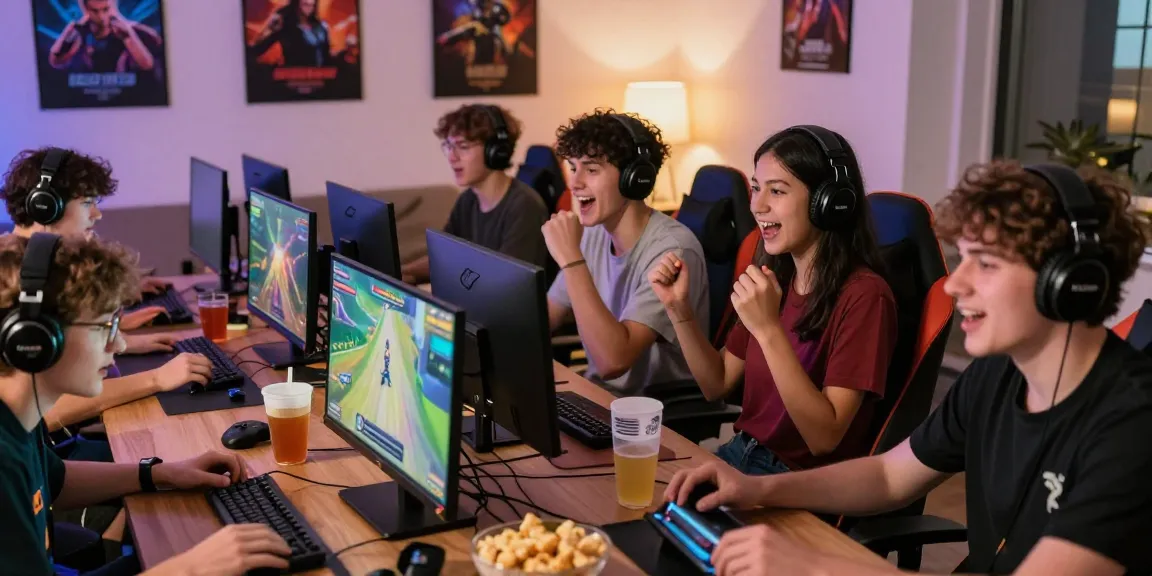 Komunitas gaming MEGAWIN88 yang aktif dengan pemain terlibat dalam permainan online, suasana ceria dan penuh kegembiraan.