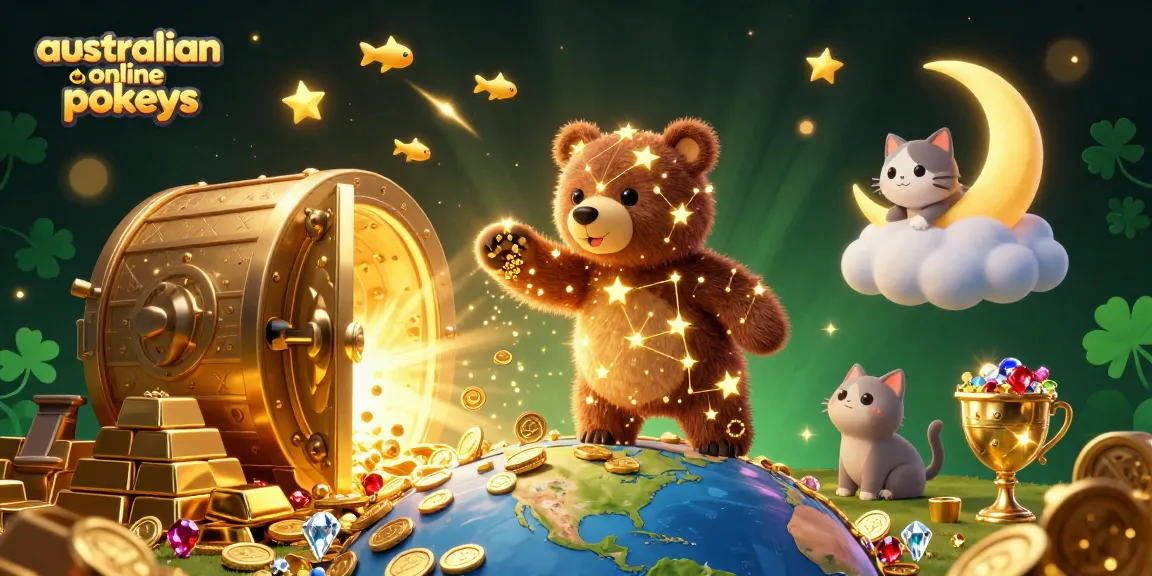 A vibrant 3D illustration for australian online pokies showing a lucky constellation bear with coins, jewels, and a treasure vault.